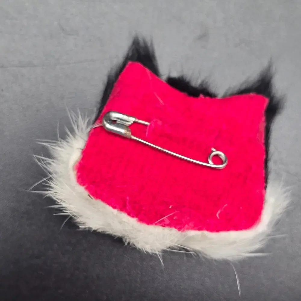 Furry Black White Cat Brooch Hand Crafted Vintage Jewelry